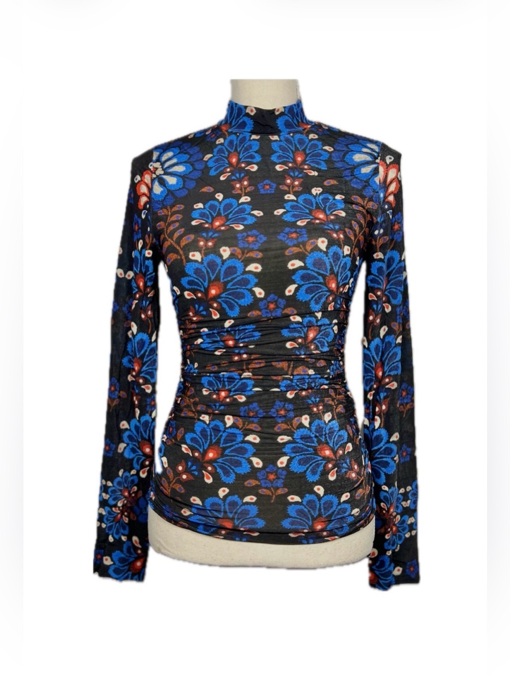 FARM Rio Black Blue Red Floral Ruched Sides Mock Neck Top Long Sleeve Semi-Sheer